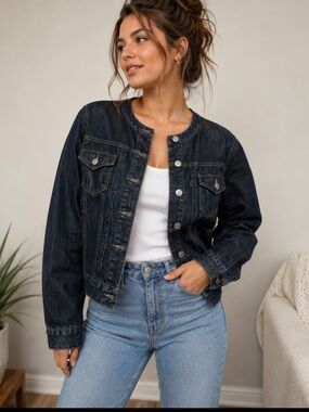 Banana Republic Denim Jacket Women’s Medium Dark Wash Collarless USA Made